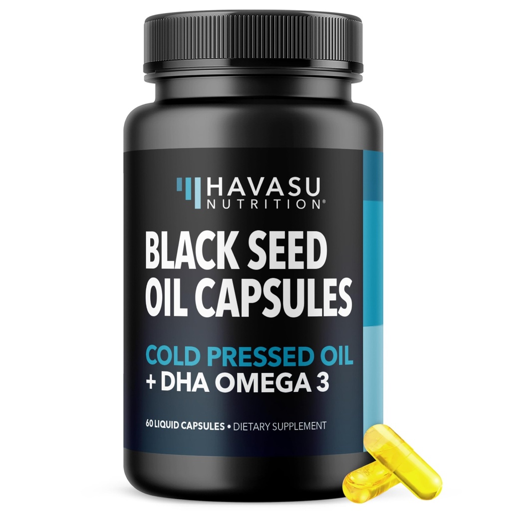 Aceite de semilla negra con DHA Suplemento para la salud y la cognición cerebral - Aceite de semilla de cumino negro prensado frío y DHA Omega 3-60 cápsulas líquidas, desarmados, veganos, no transgénicos y sin gluten - 1 mes de suministro