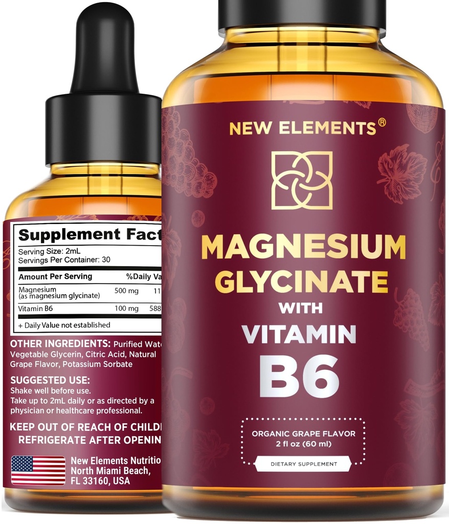 Bombas Glycinate de Magnesio Líquido con Vitamina B6 - Suplemento de Magnesio 500mg &amp; Vitamina B6 100mg ← No Gluten ← Stress Relief ← Durmiente &amp; Relajación ← Muscle & Heart Support ← Natural &amp; Vegan