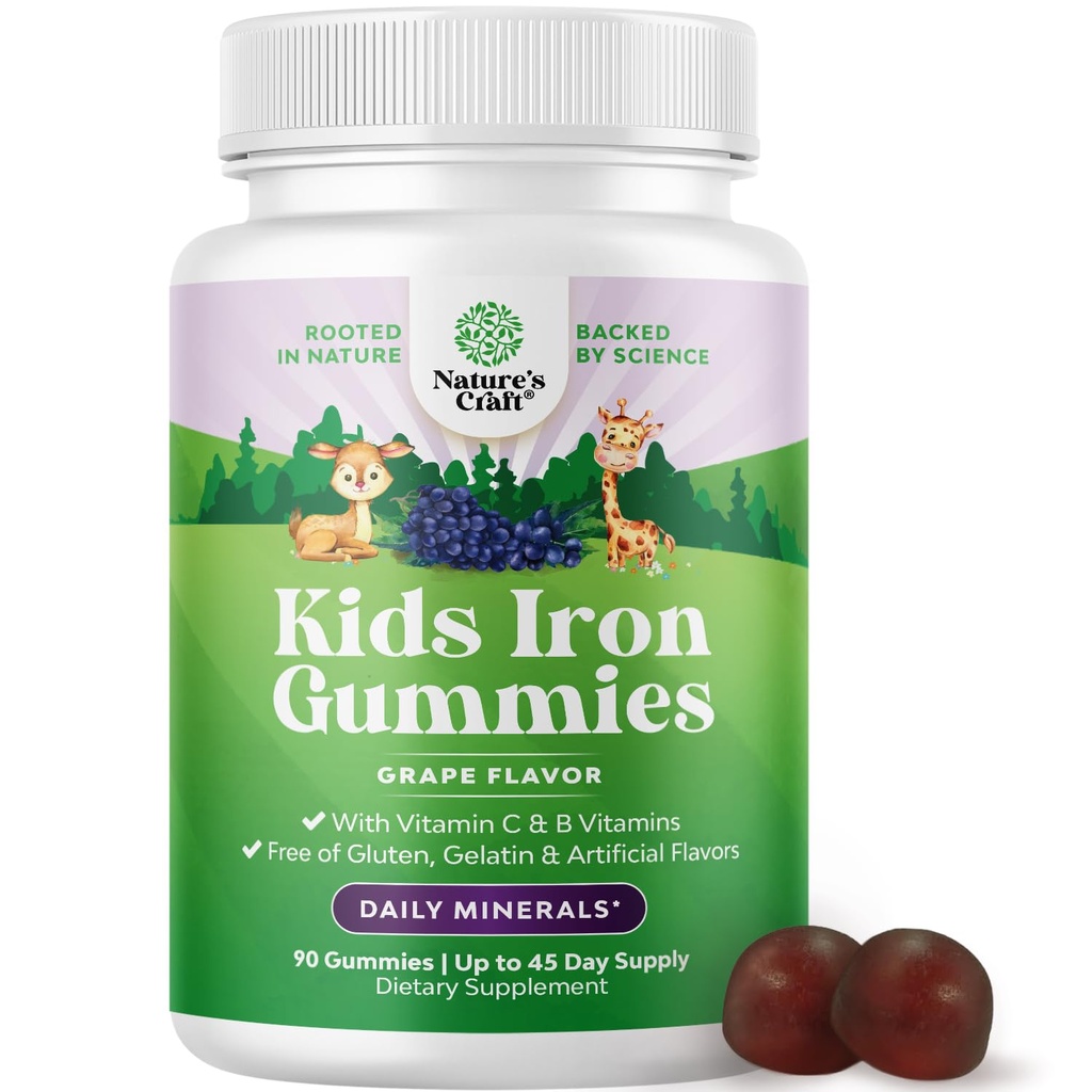 Gummies de Hierro Infantil - Suplementos de Hierro Constructor de Sangre para Niños con Gentilidad para Inmunidad más Fuerte & Energía - Vitamina B12, Folate &amp; Vitamina C Gummies - GMO Vegan &amp; Gluten Gratis para Toddlers - 90 Condes