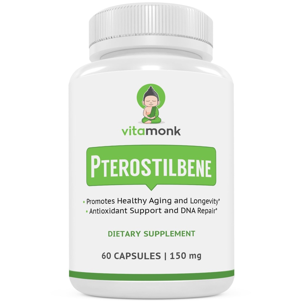 VitaMonk Pterostilbene 150mg Capsules No Artificial Fillers - Soy Free Trans-Pterostilbene Supplement which Promotes Healthy Aging and Longevity - 60 Veggie-Caps - Mejorado Resveratrol