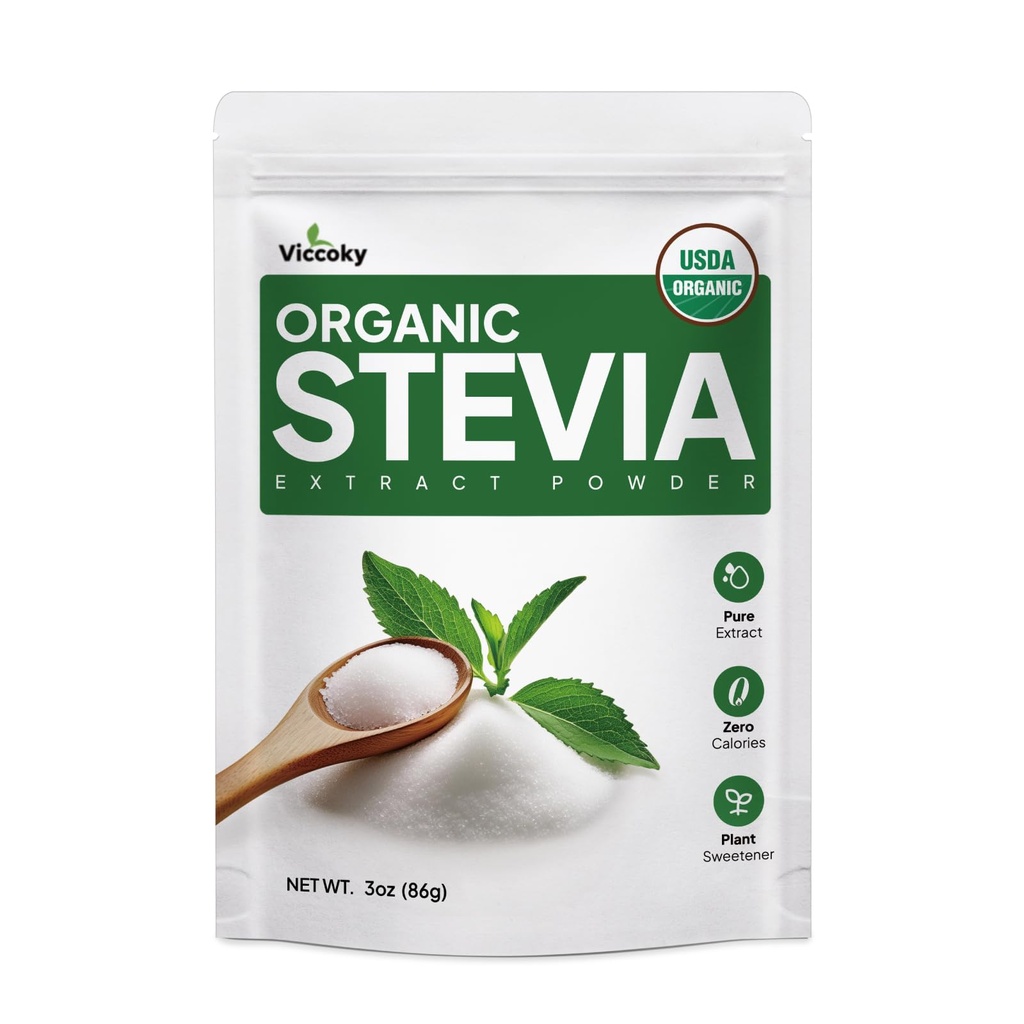 Viccoky Orgánica Stevia Powder 3oz (86g), Pura Stevia Extract Powder, Libre de Azúcar > 0 Calories, Sin Aditivos, Sustituto de Azúcar, Dulce Natural