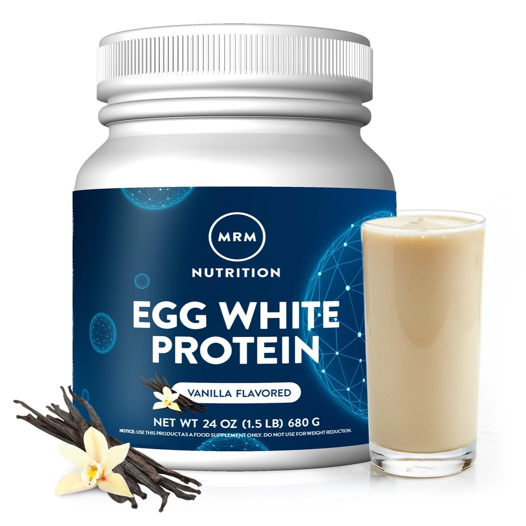 MRM Nutrición Egg White Protein ANTE Vanilla Flavored TEN 23g Proteína libre de grasa  tolera con enzimas digestivas ← Valor biológico más alto Silencio Testado clínico Ø 20 Serviciones