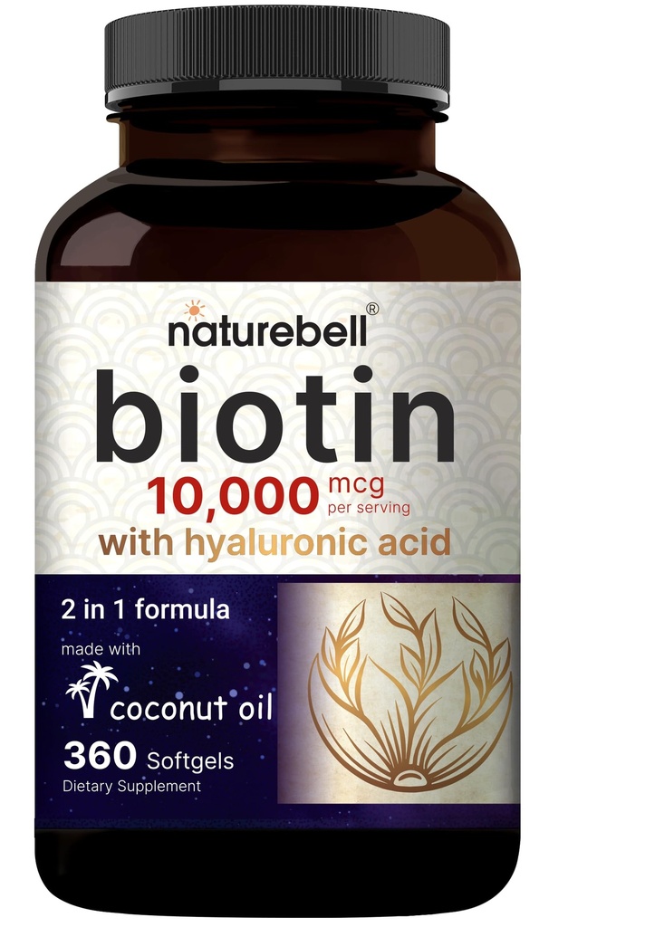 NatureBell Biotin 10000mcg + Ácido Hialurónico 25mg TEN 360 Aceite de coco Softgels, Suplemento Premium de Biotina para la piel del cabello y uñas*