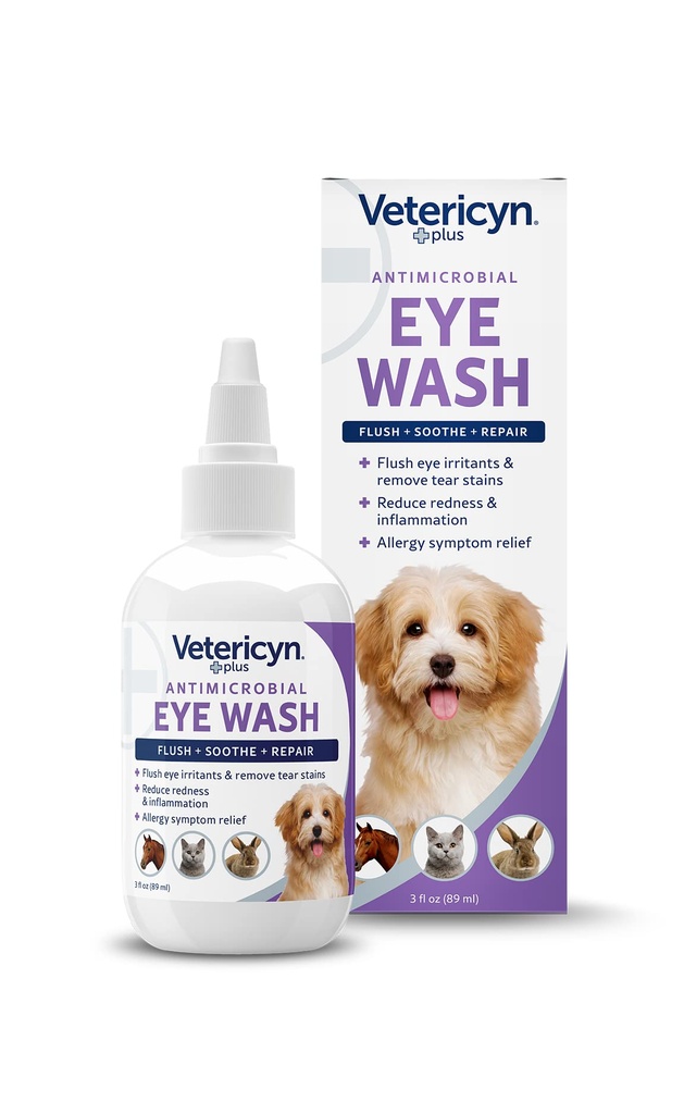 Vetericyn Plus Perro y ojo de gato Lavado Silencioso Ojo gotas para perros y gatos para inhalar y calmar las irritaciones del ojo, perro tear limpiador, seguro para todos los animales. 3 onzas
