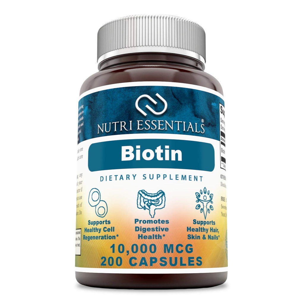 Biotin 10,000 Mcg 200 Capsules (No-GMO)- Apoya el Pelo Saludable, la piel &amp; uñas - promueve la rejuvenecimiento celular y la producción de energía*