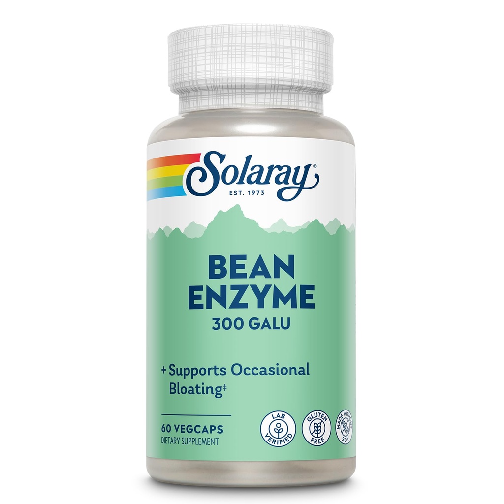 SOLARAY Bean Enzyme 300 GalU - Alpha Galactosidase Enzymes Digestivos para Mujeres y Hombres - Suplemento de Salud Digestiva - Apoyos Bloating Occasional y Gas Relief para Adultos - 60 Servimientos, 60 VegCaps