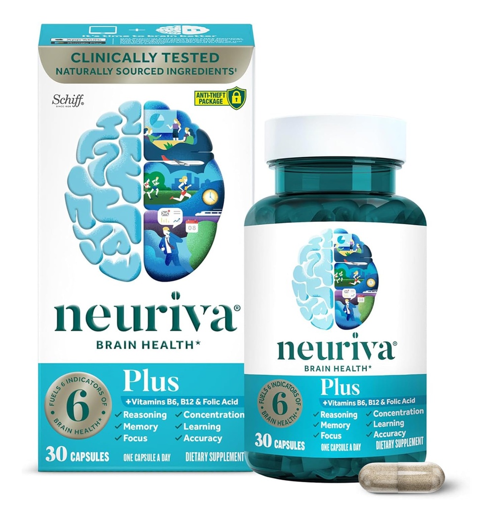 Suplemento cerebral NEURIVA Plus para memoria, concentración + función cognitiva con fosfatilserina y neurofactor, vitaminas B6 &amp; B12, 30 cápsulas de cuenta