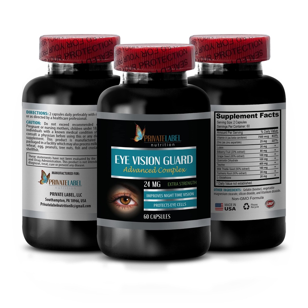 Visión Vitaminas con Lutein - Visión Ocular Guardia 24 MG - Complejo avanzado, Apoyo a la Visión Ojos, Suplementos de Luteina, Suplemento de Vitamina A, Extracto Turmérico, Extracto de Bilberry, Taurina, 1 Bot 60 cápsulas