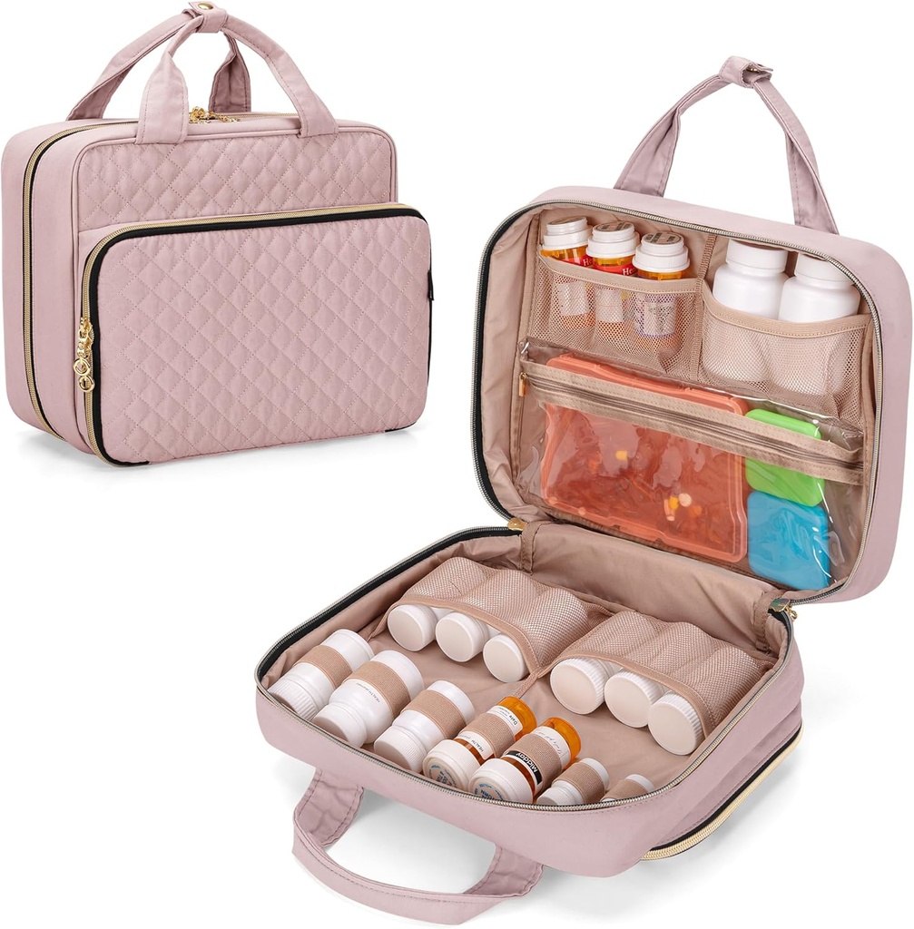 Damero Pill Bottle Organizer Bag, Travel Medicine Bag Organizer, Medicine Organizer and Storage for Pills, Vitamina, Fish Oil, Medical Supplements for Women and Men, Misty Rose