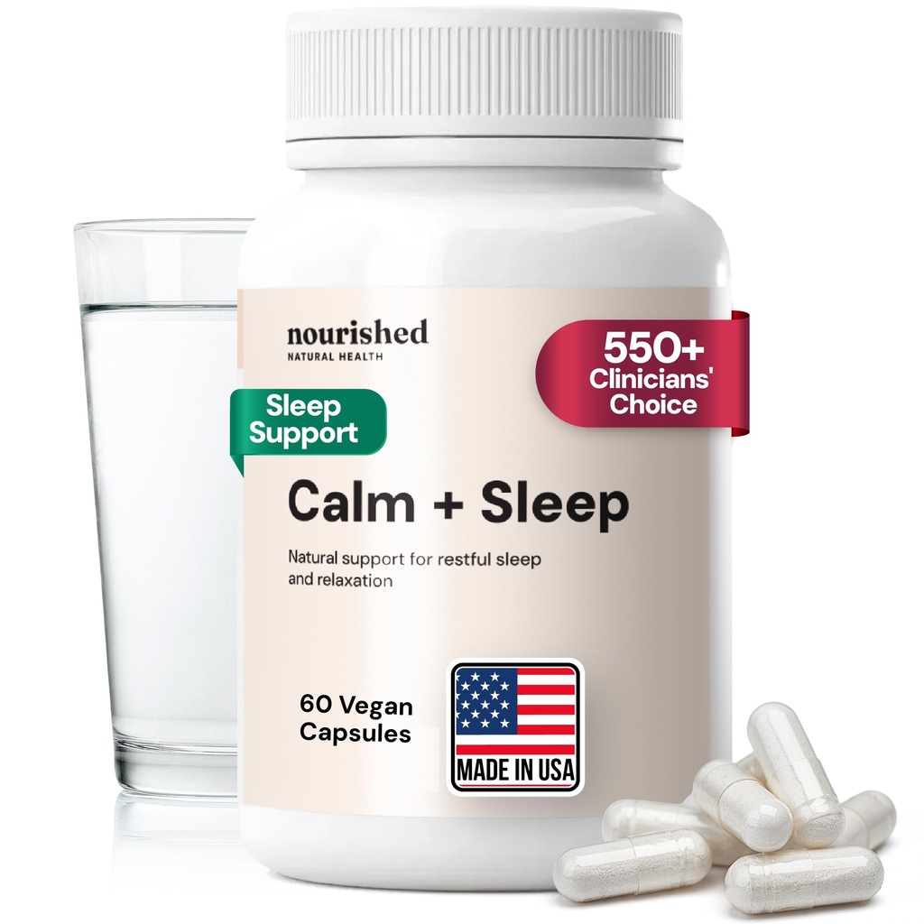 Nourished Natural - Calma + Capsules de sueño para el descanso profundo " Relajación con Ashwagandha, Chamomile, Extracto de cereza de Tarta, Pasionflower, L-theanine, " Magnesio - 60 cápsulas