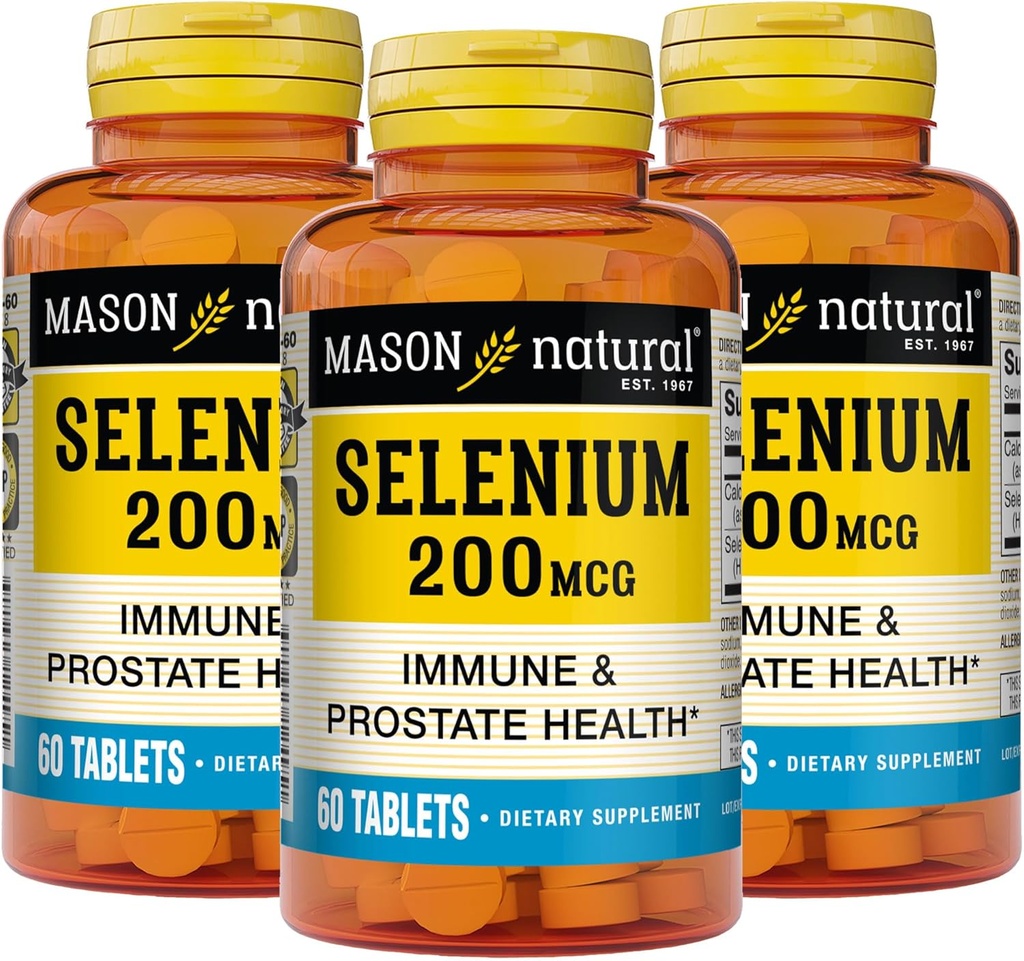MASON NATURAL Selenium 200 mcg - Suplemento Antioxidante para Apoyo Inmunitario &amp; Salud Prostática, Mineral de Traza Esencial, 60 Tabletas (Pack of 3)