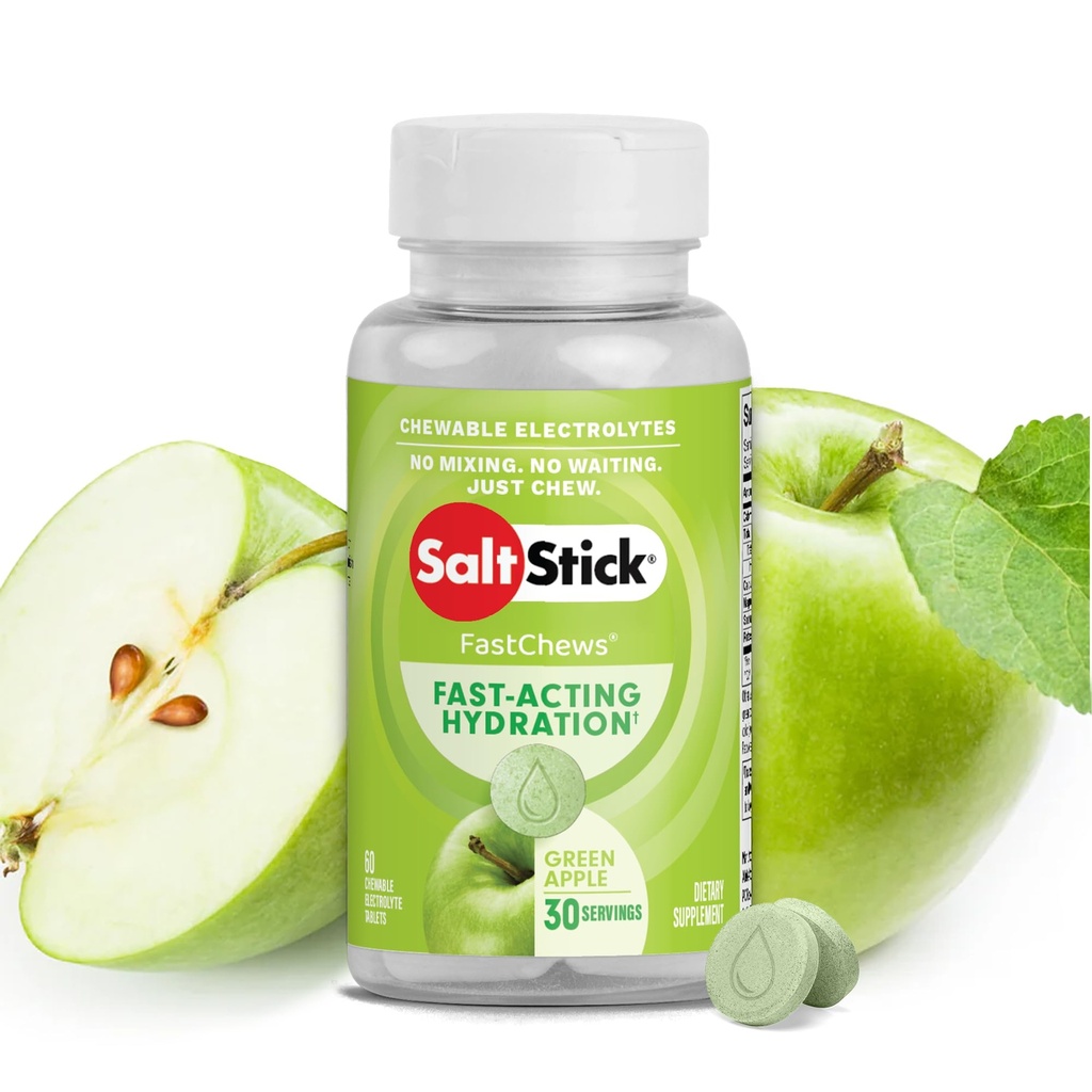 SaltStick Electrolyte FastChews - 60 Green Apple Chewable Electrolytes - Tablas de sal para correr e hidratación, Electrolyte Chews - 60 Cuenta