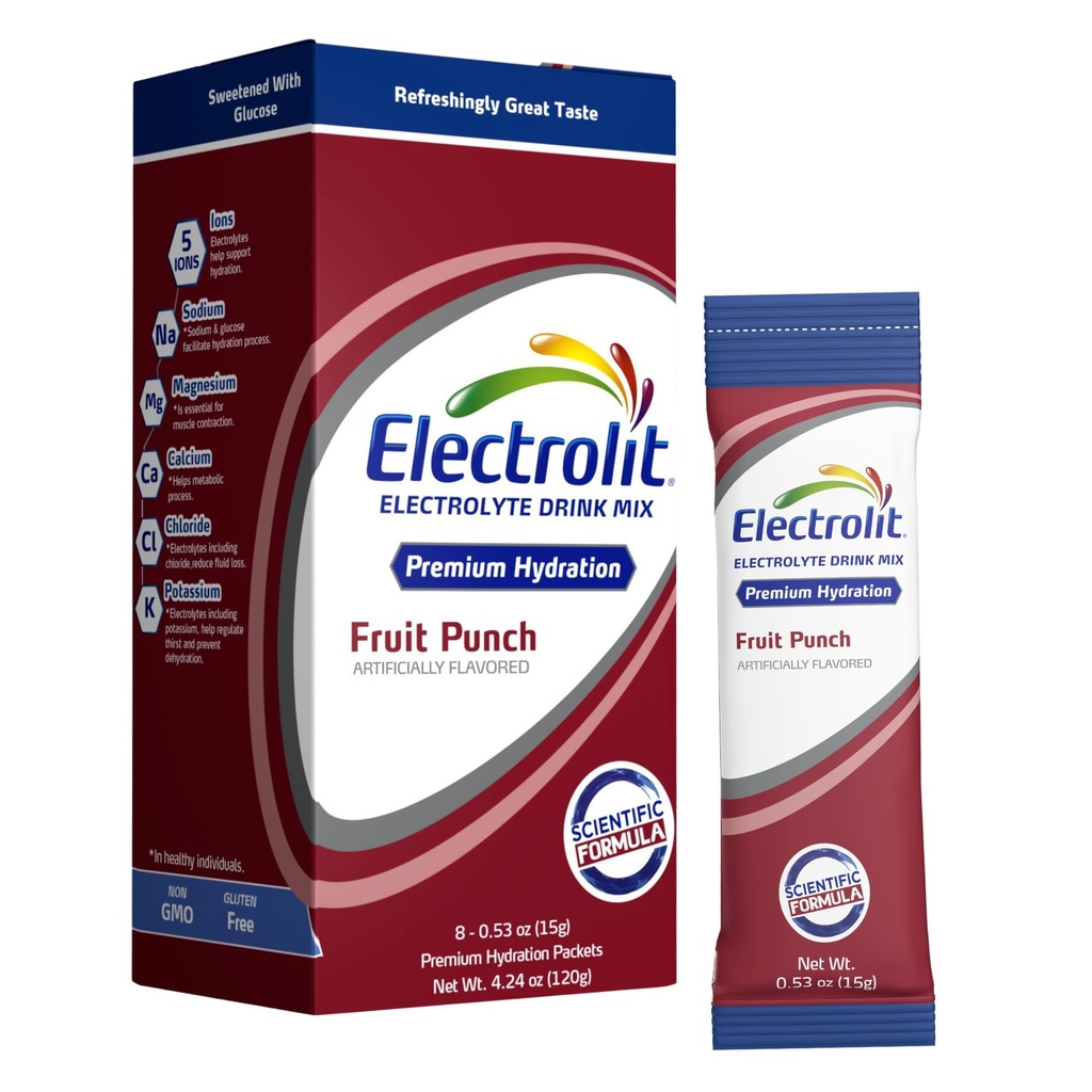 Electrolit Electrolytes Embalajes de polvo, Fruit Punch 8 Pack, Powdered Hydration Packets for Dehydration " Rehydration, Post Workout Flavored Hydrating Drink Mix, Gluten Free Daily Water Enhancer Sticks