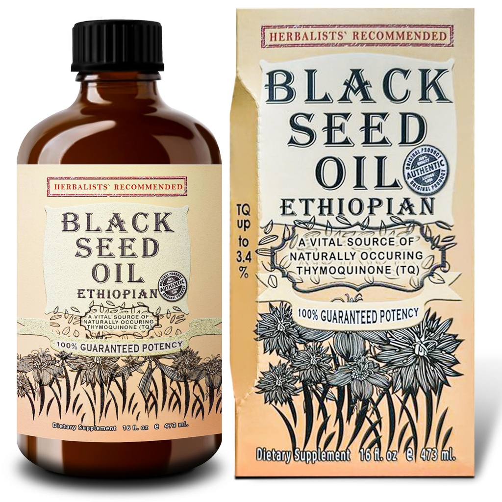 Ethiopian Black Seed Oil 16oz – Cold Pressed Nigella Sativa | High Thymoquinone 3.45% Black Cumin Seed Oil | 100% Pure Unrefined Liquid | Immune, Skin, Hair & Digestive Support | Large Glass Bottle