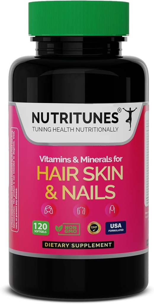 Esquí de pelo y vitaminas de uñas–Biotina y colágeno Fórmula con vitaminas B, zinc y selenio – promueve la fuerza del cabello, la hidratación de la piel " salud de uñas – 120 Softgels