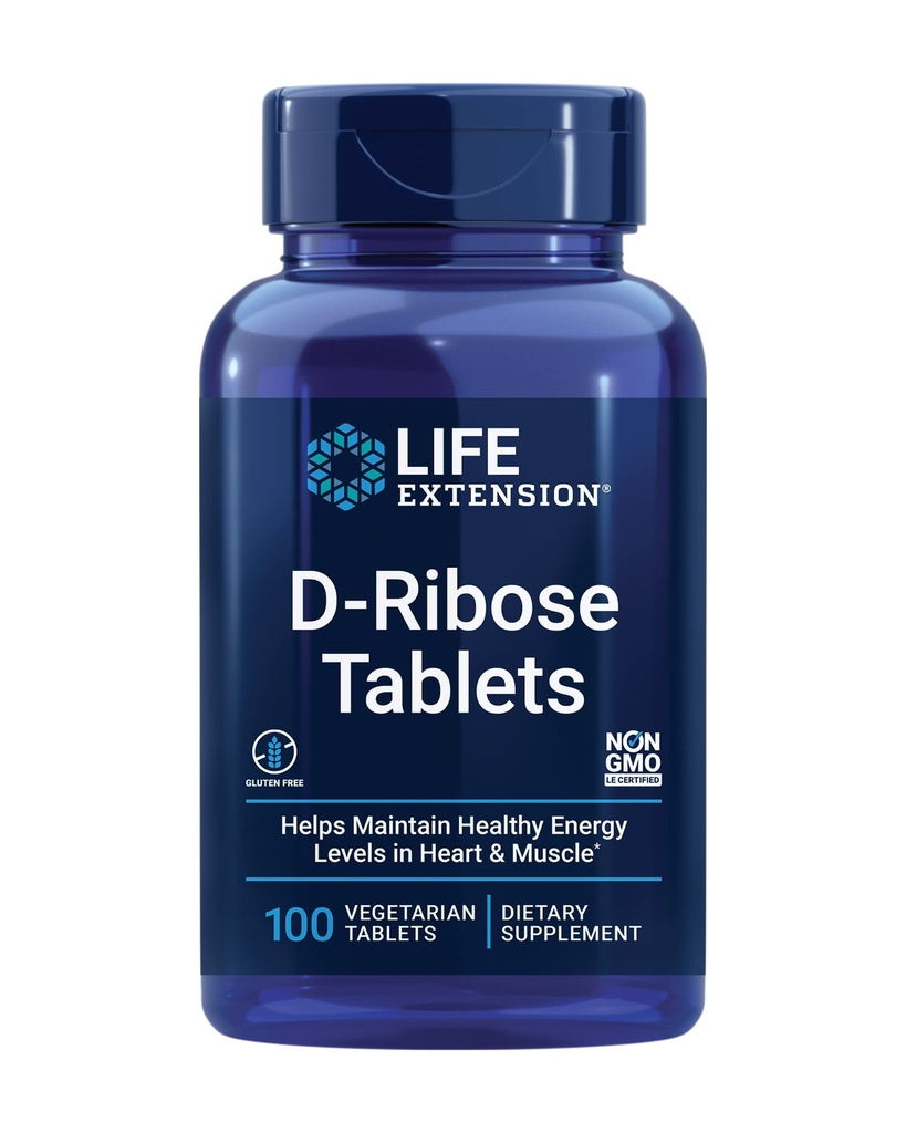 Extensión de vida Tablas D-Ribose, Plus Calcium, Ayuda a mantener niveles de energía saludables en el corazón y el músculo, promueve la producción de ATP, libre de gluten, no GMO, Vegan, 100 Tablets vegetarianos