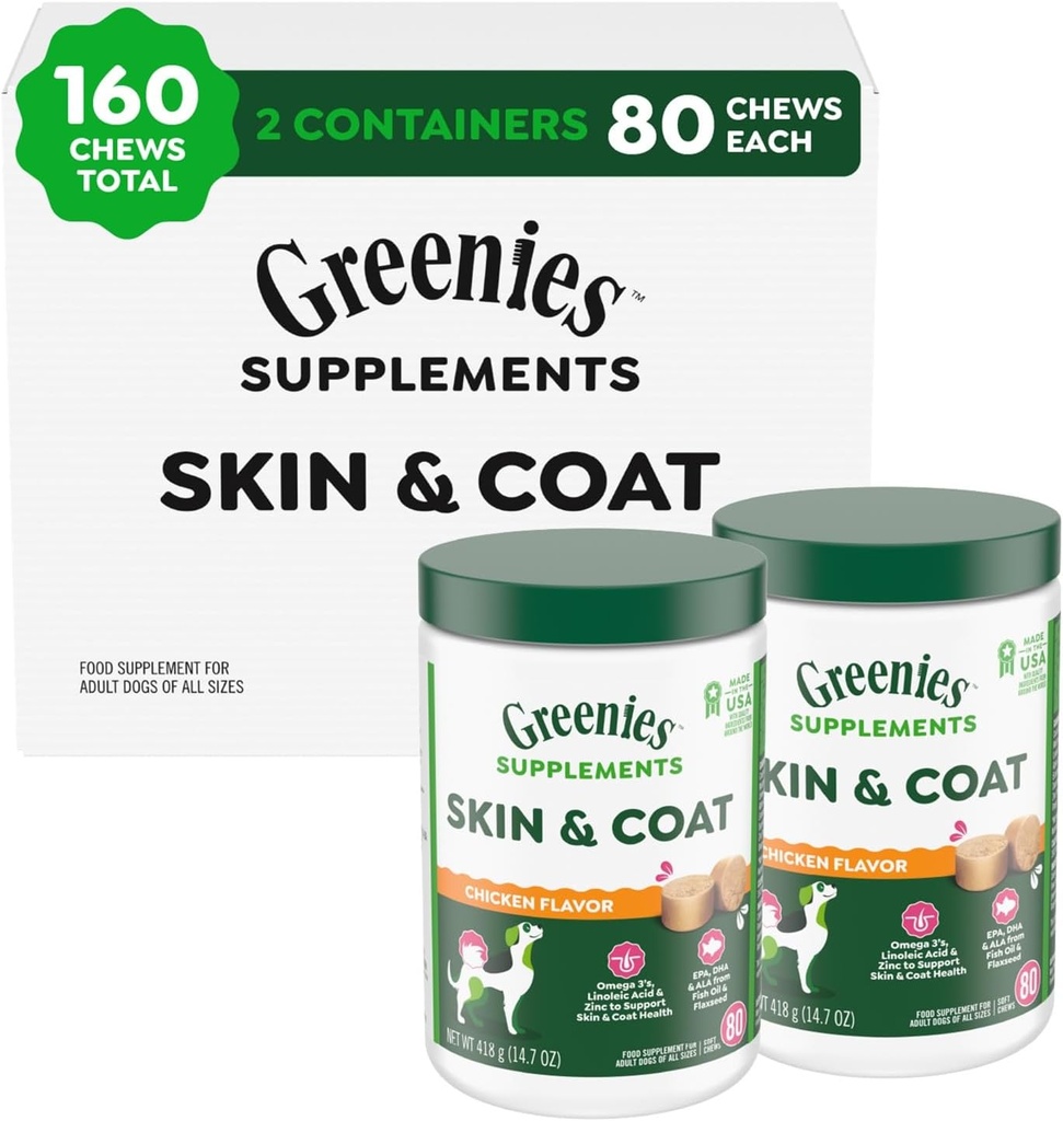 Suplementos de la piel de perro y la carne suplementos con aceite de pescado &amp; Omega 3 ácidos grasos, sabor de pollo, tubo de 80 puntos, paquete de 2