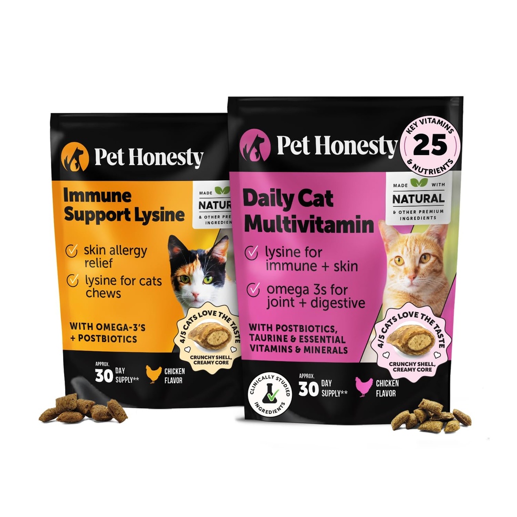 Cat Multivitamins + Immune Support Lysine Dual Texture Chew Supplement Bundle - Supports General Immune Health, Joints, Skin & Coat, and Cat Alergy Relief - Sneezing, Runny Nose