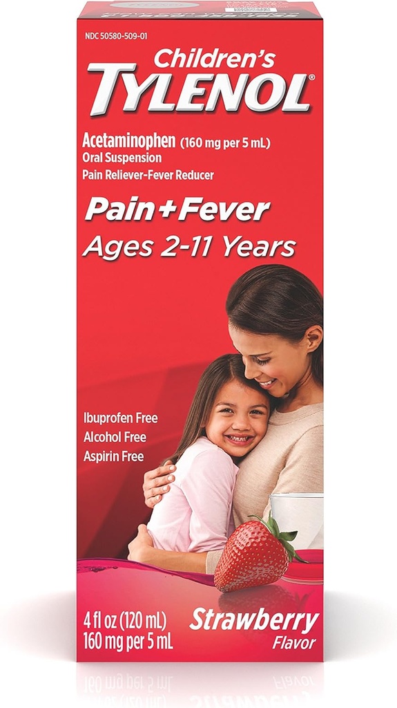 Medicina de la Suspensión Oral de Tylenol para niños, Relieve de Dolor de Medicina Líquida para niños &amp; Reductor de fiebre para síntomas de frío + gripe, Aspirina-, Ibuprofeno- " Alcohol- Libre, Fresa, 4 fl. oz