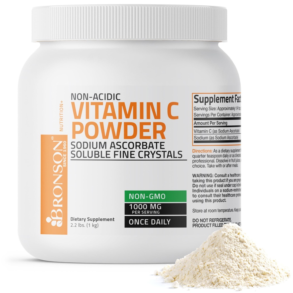 Bronson Non Acidic Vitamin C Powder Sodium Ascorbate Non GMO Soluble Fine Crystals - Healthy Immune System, Antioxidant and Cell Protection, 1 Kilogram (2.2 libras, 35.3 onzas)