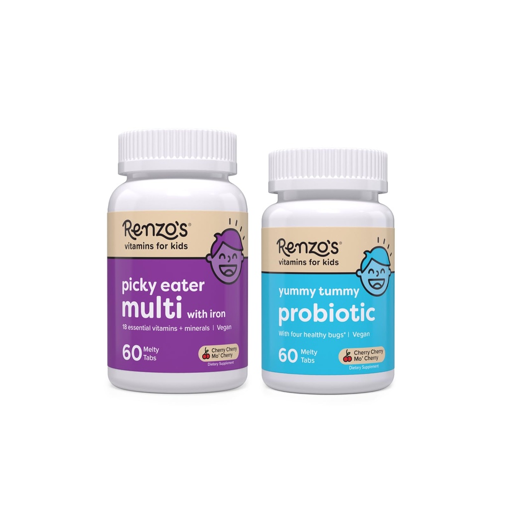 Renzo's Vitamins Happy Tummies Bundle, Probióticos para niños y comedores Picky Kids Multivitamin