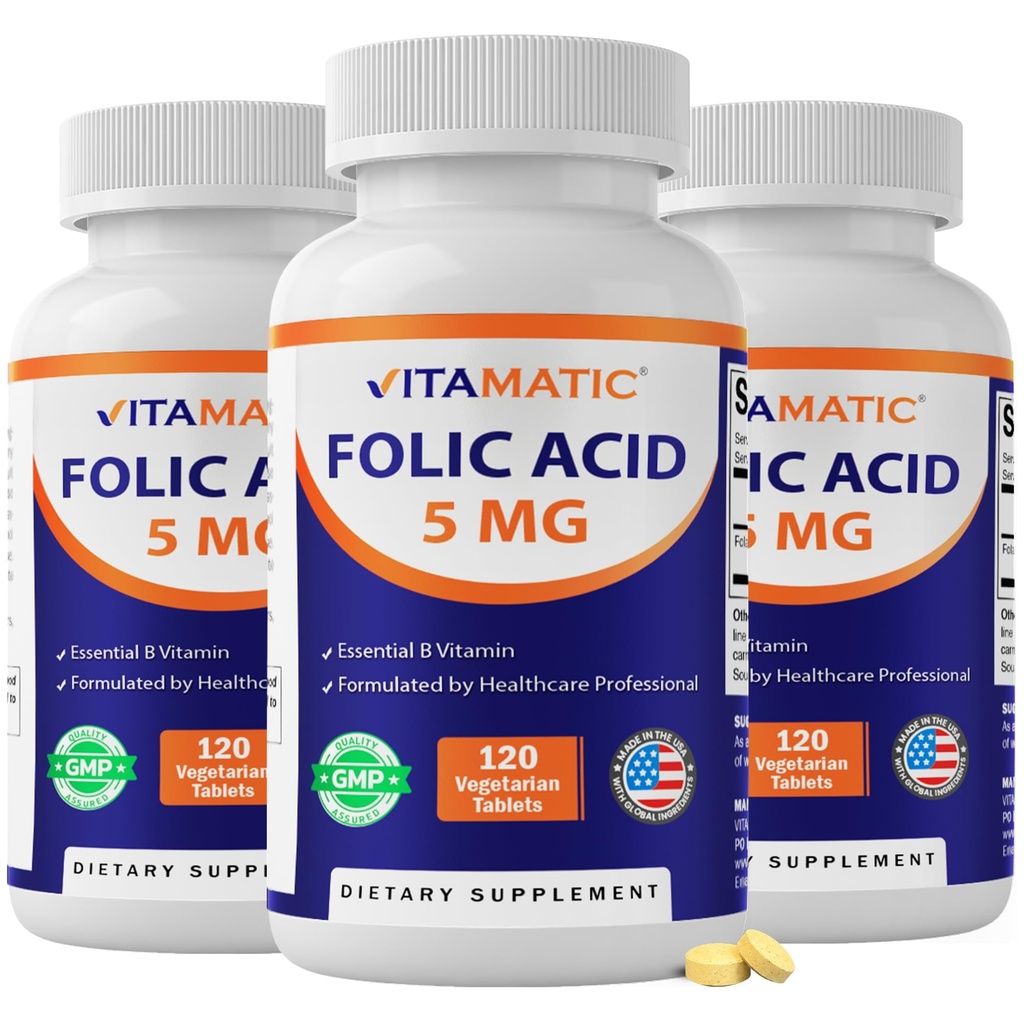 Vitamatic Folic Acid 5mg (5000 mcg) – 120 Tabletas Vegetarianas por Botella – Vitamina B9 (Folate) – 3-Pack tención Total 360 Tablets