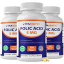 Vitamatic Folic Acid 5mg (5000 mcg) – 120 Tabletas Vegetarianas por Botella – Vitamina B9 (Folate) – 3-Pack tención Total 360 Tablets