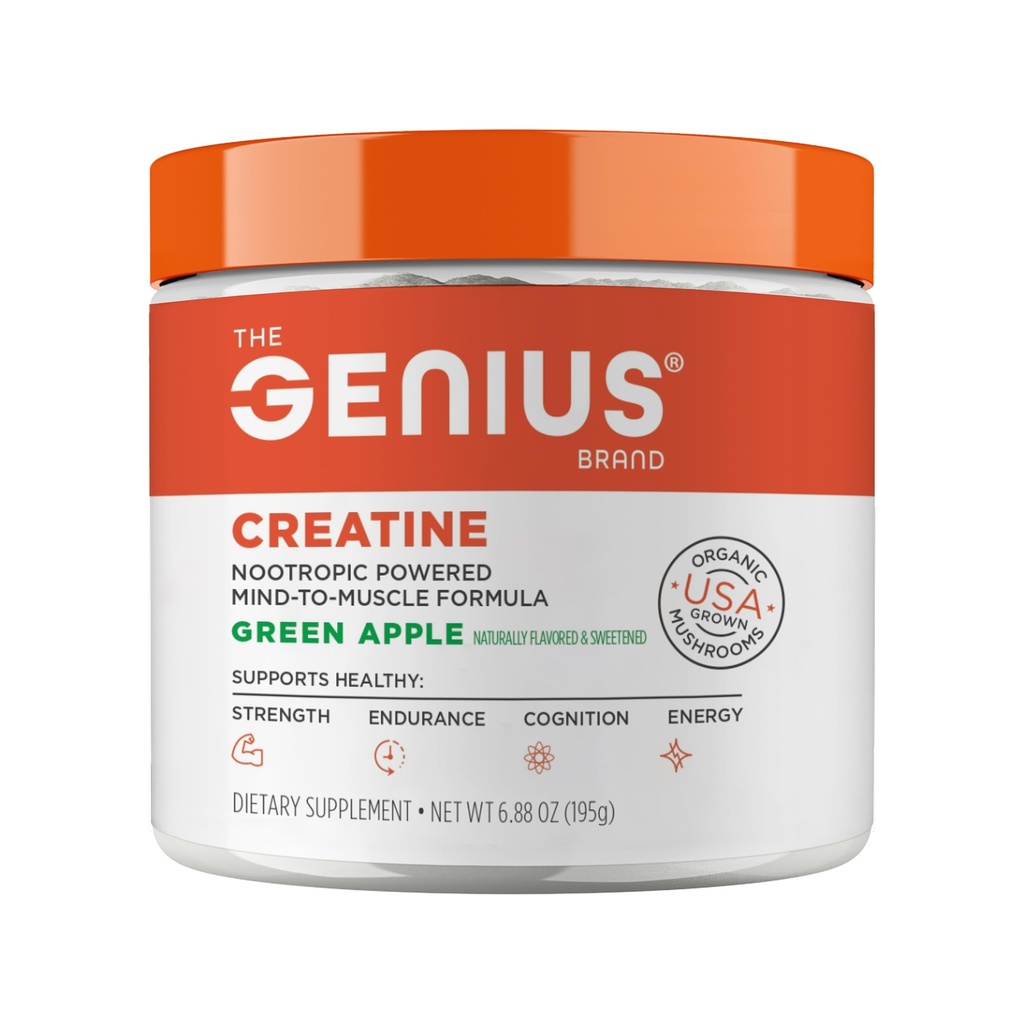 Genius Micronized Creatine Monohydrate Powder, Post Workout Supplement, Green Apple - 100% Naturalmente Flavored & Sweetened - Supports Muscle Building, Cellular Energy & Cognitive Function – 195g
