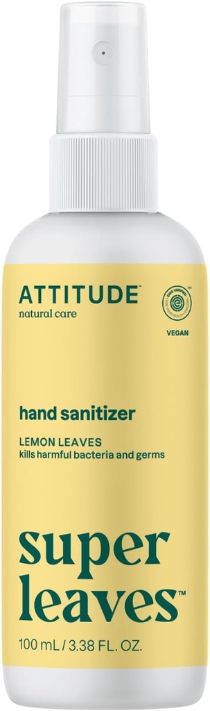 ATTITUDE Hand Sanitizer Spray, EWG Verified, Kills Germs & Bacteria, Vegan " Plant-Based, Safe for Adults " Kids, Lemon Leaves Scent, 3.38 Fl Oz (Spray Bottle)
