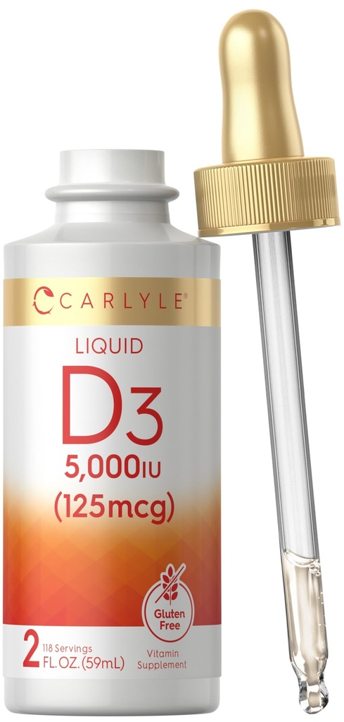 Carlyle Líquido Vitamina D3 TENIDO 5000 UI (125 mcg) TENIDO 2 oz TEN VENTA Vegetariano, No-GMO, y Gluten Suplemento gratuito ANTE Vitamina D Liquid Drops for Adults
