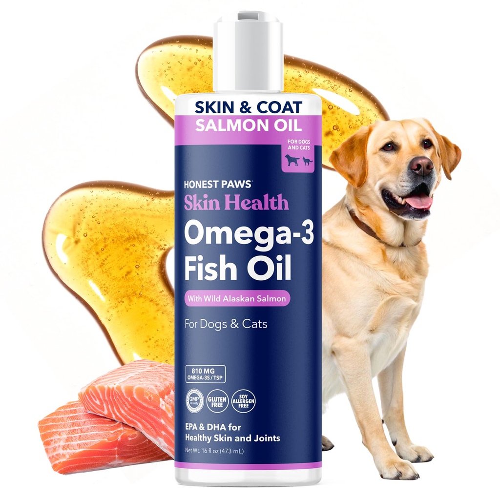 Honest Paws Salmon Oil for Dogs & Cats – Omega 3 Fish Oil Supplement for Skin, Coat, Joint & Heart Health – Natural, Sustainably Sourced Wild Alaskan Salmon, 16 oz