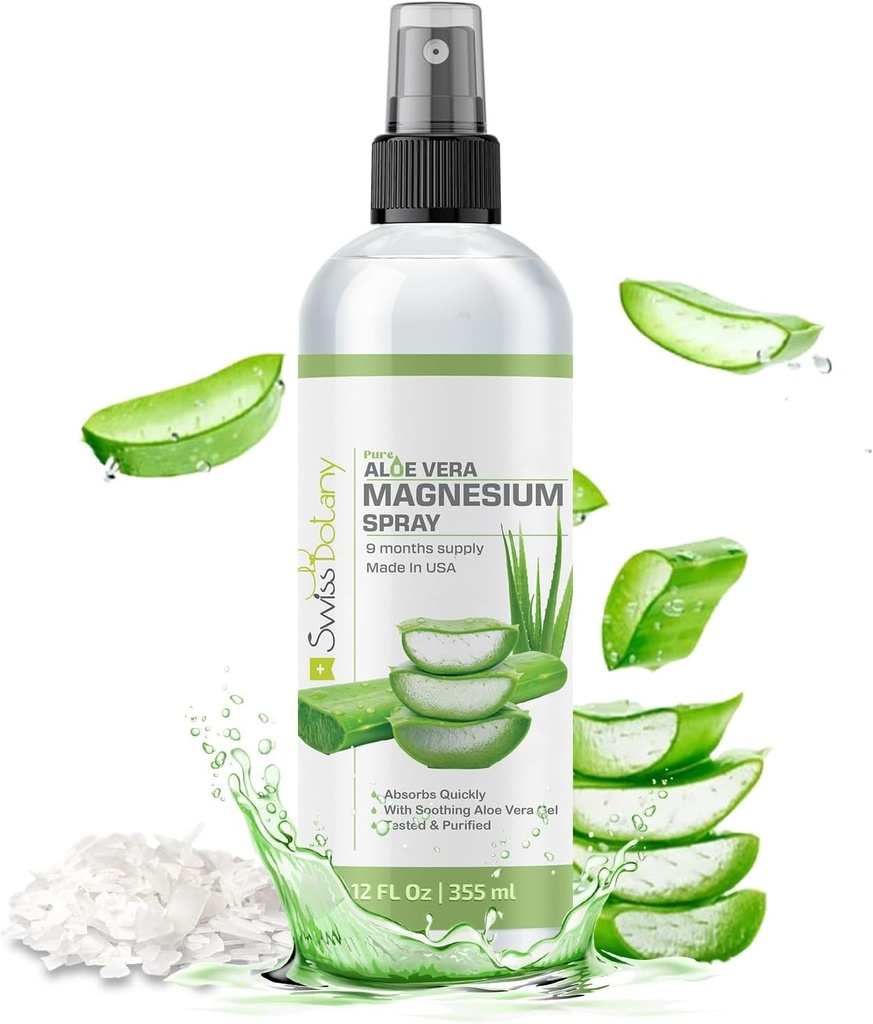 Espray de magnesio tópico con Aloe Vera - Puro aceite de magnesio para el alivio de estrés - USP Grade Aloe Vera Magnesium Spray para el sueño - 12 Fl Oz