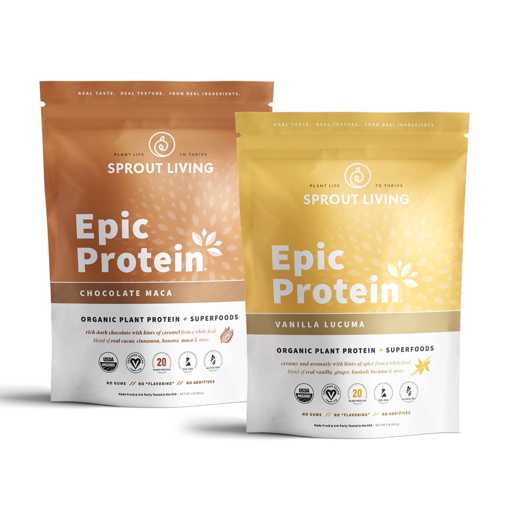 Sprout Living Epic Protein Bundle - Chocolate Maca &amp; Vanilla Lucuma (20g Organic Plant-Based Protein Powder, Vegan, Gluten Free, Superfoods)