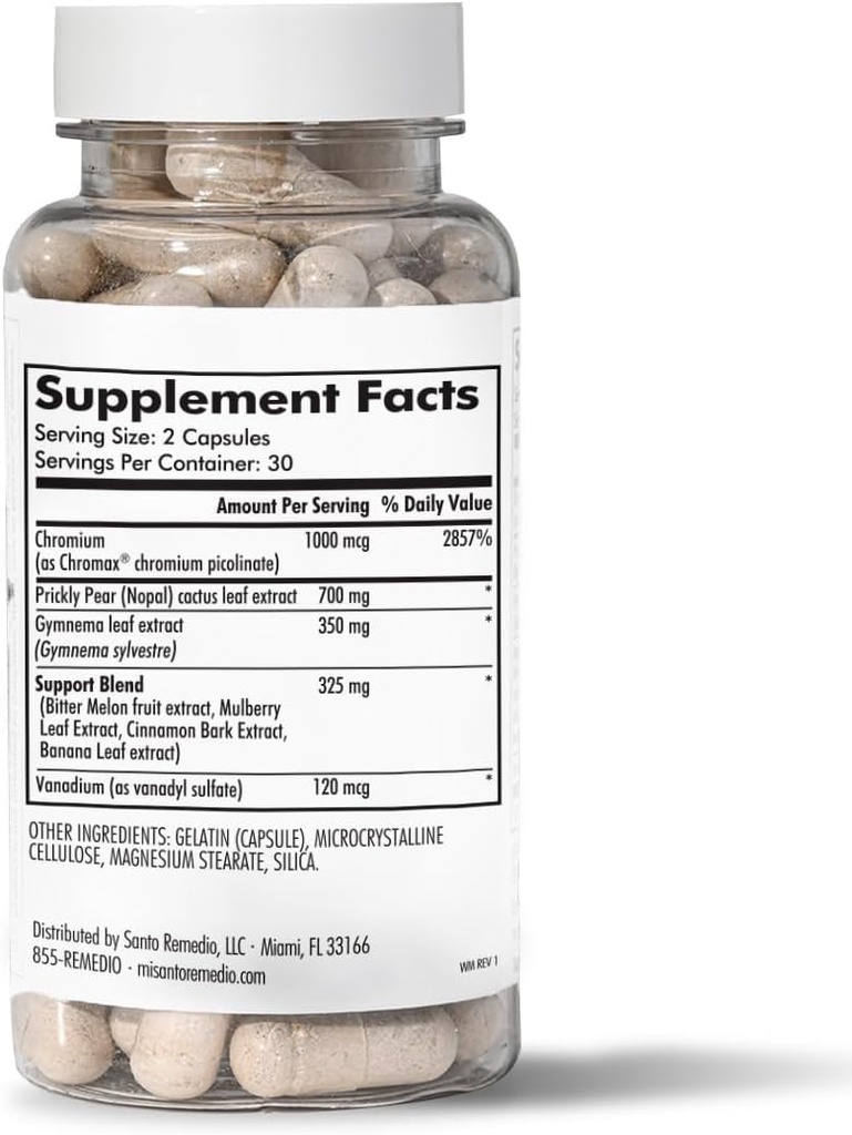 Fórmula Exclusiva de Santo Remedio con Nopal, Chromium Picolinate (Chromax), Gurmar (Gymnema Silvestre), y Vanadyl Sulfate. 60 Capsules (30 Servimientos)