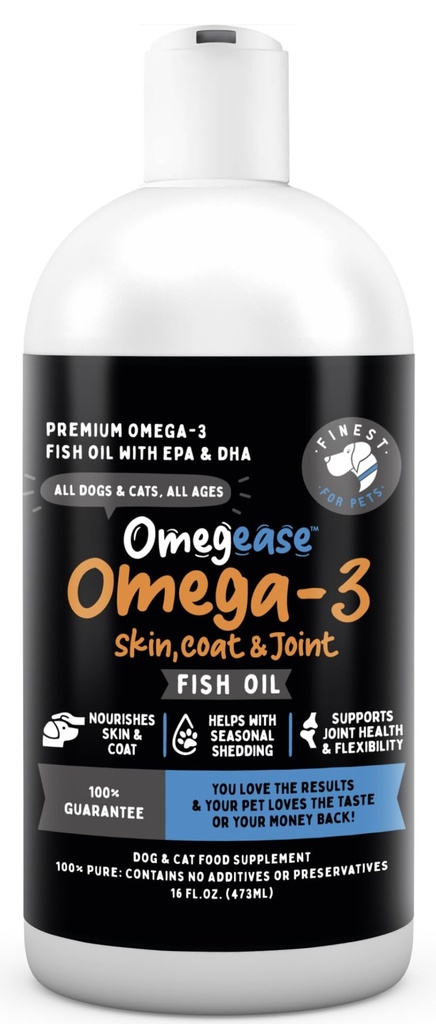 Omegease Fish Oil for Dogs & Cats - Finest for Pets Omega 3 for Cats & Dogs - Suplemento para la piel " Coat, picazón, cama, articulaciones " Immune Health - 100% Pure Omega Fish Oil with EPA " DHA (16 oz)