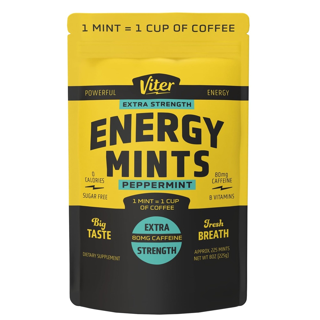 Viter Energy Extra Strength Caffeinated Mints 80mg Caffeine, B Vitaminas, Sugar Gratis. (Peppermint, 8oz, Bulk Bag)