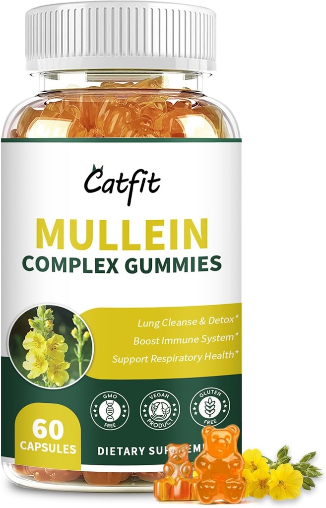 Catfit Mullein Gummies for Lungs – Mullein Leaf Extract with Quercetin, Elderberry for Respiratory &amp; Immune Support,Lung Health & Breathing, Vegan, Pineapple Flavor, 60 Gummies