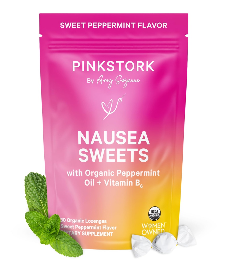 Pink Stork Organic Peppermint Sweets for Morning Sickness and Motion Sickness Support, Añadido Vitamin B6, 1st Trimester Pregnancy Must Haves - 30 Wrapped Peppermint Candies