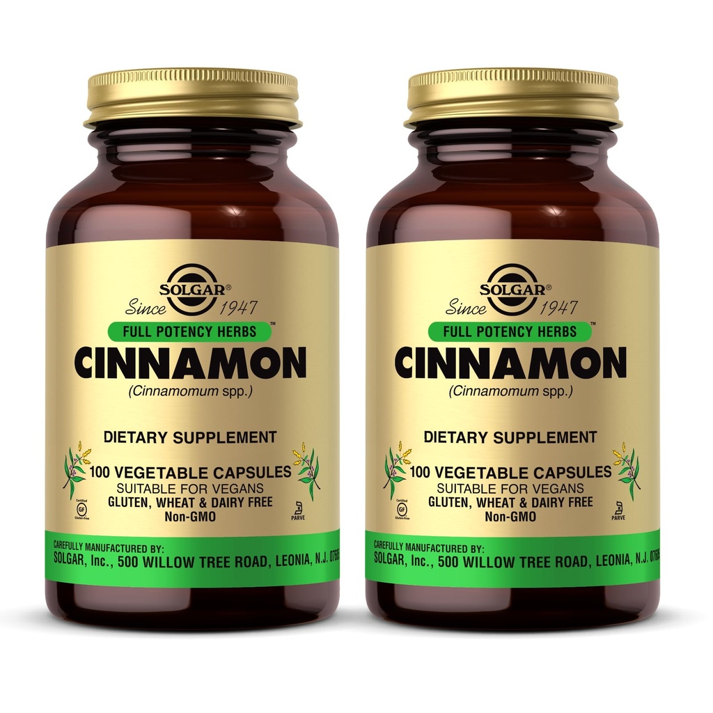 Solgar Cinnamon - 100 cápsulas vegetales, Pack de 2 - Full Potency (FP) - Non-GMO, Vegan, Gluten Free, Dairy Free, Kosher - 200 Total Servings