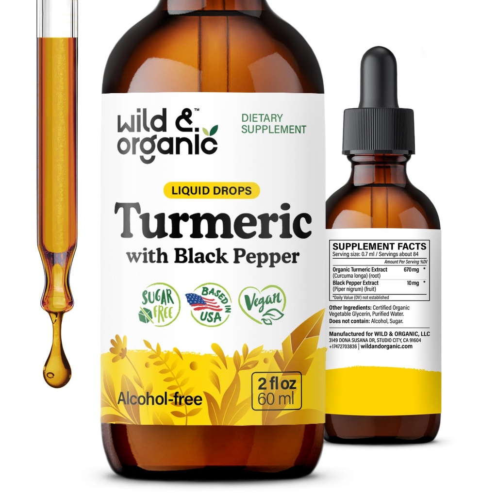Salvaje &amp; Orgánica Turmeric Suplemento líquido - Soporte Conjunto - Curcumina Turmérica con Extracto de Pepper Negro - Gotas de raíz de la cúrcuma - Vegan, Azúcar &amp; Sin alcohol Tintura - 2 fl oz