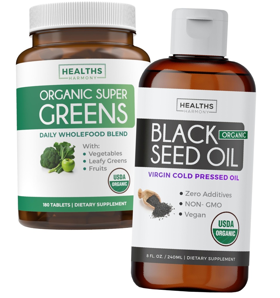 Super Greens & Black Seed Oil (3-Month Supply) Herbal Oil Blend Bundle of Organic Super Greends Powder - Completo Superfood (180 cápsulas) & Organic Black Seed Oil Liquid - Cold presumido (8 fl oz)