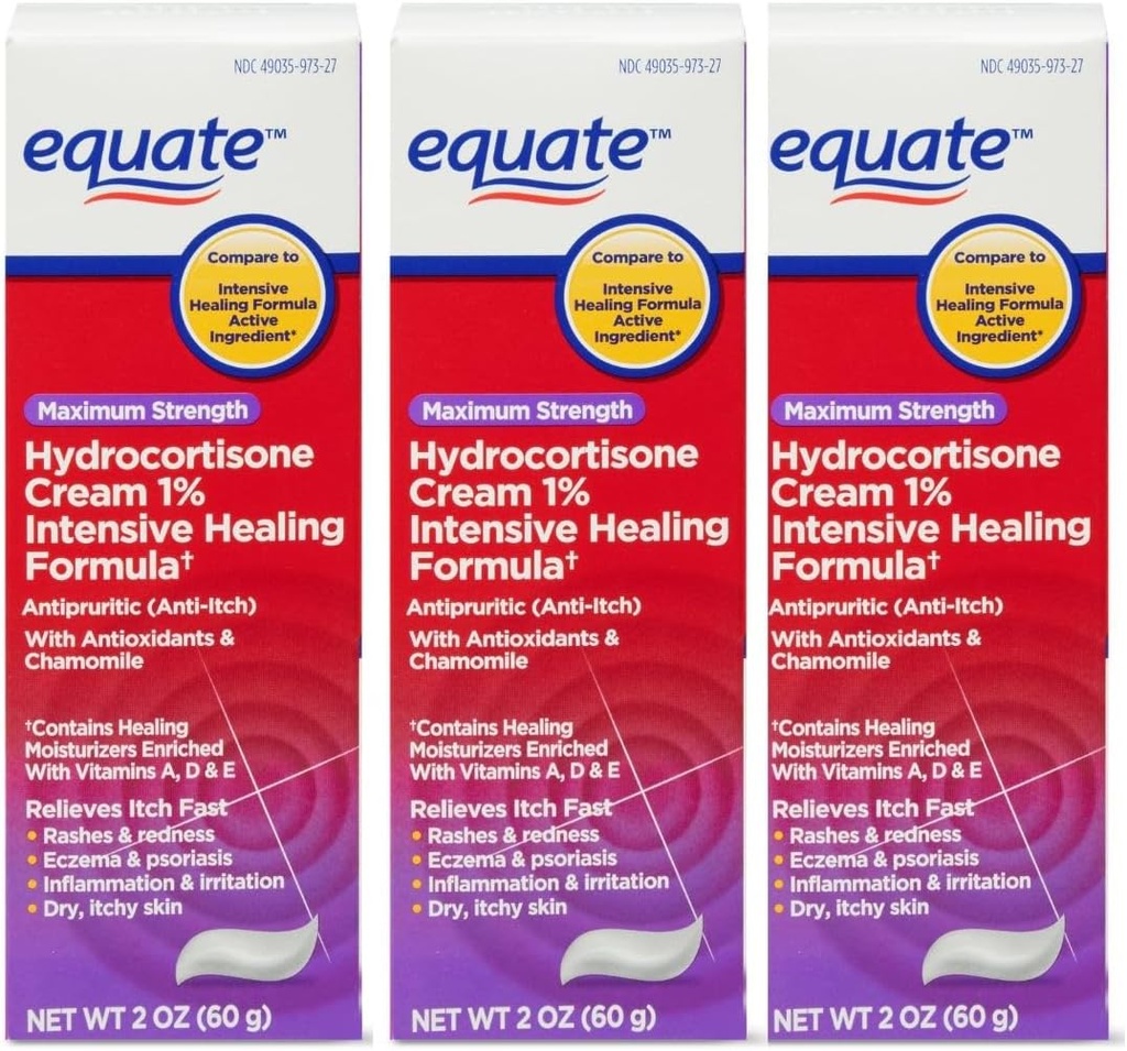 Crema de Curación Intensa de Hidrocortisona Equate, 2 oz, 1 Fórmula de Sanación Intensiva Percentiva, Alivio Itch para Bites de Bug, Eczema, Psoriasis, Poison Ivy, Oak y Sumac, 2 onzas (Pack of 3)