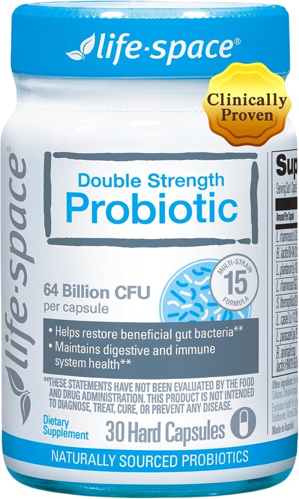 Life-Space Double Strength Broad Spectrum Probiotic, 64 Billion CFU & 15 Diverse Strains, Redouble Formulated for Digestive Health & Immune Health, Probiotics for Women & Hombre - 30 Veg Capsules