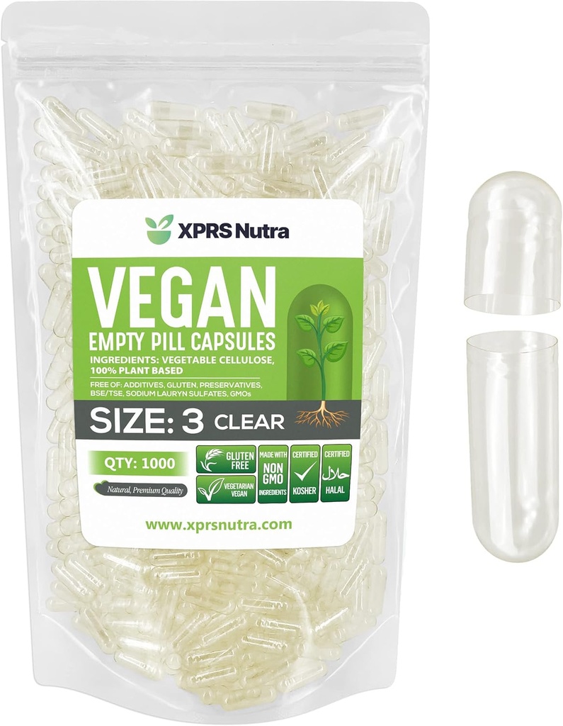 XPRS Nutra Size 3 Empty Capsules - 1000 Conde Clear Empty Vegan Capsules - Vegetarian Pills - DIY Vegetable Capsule Filling - Veggie Pill Caps