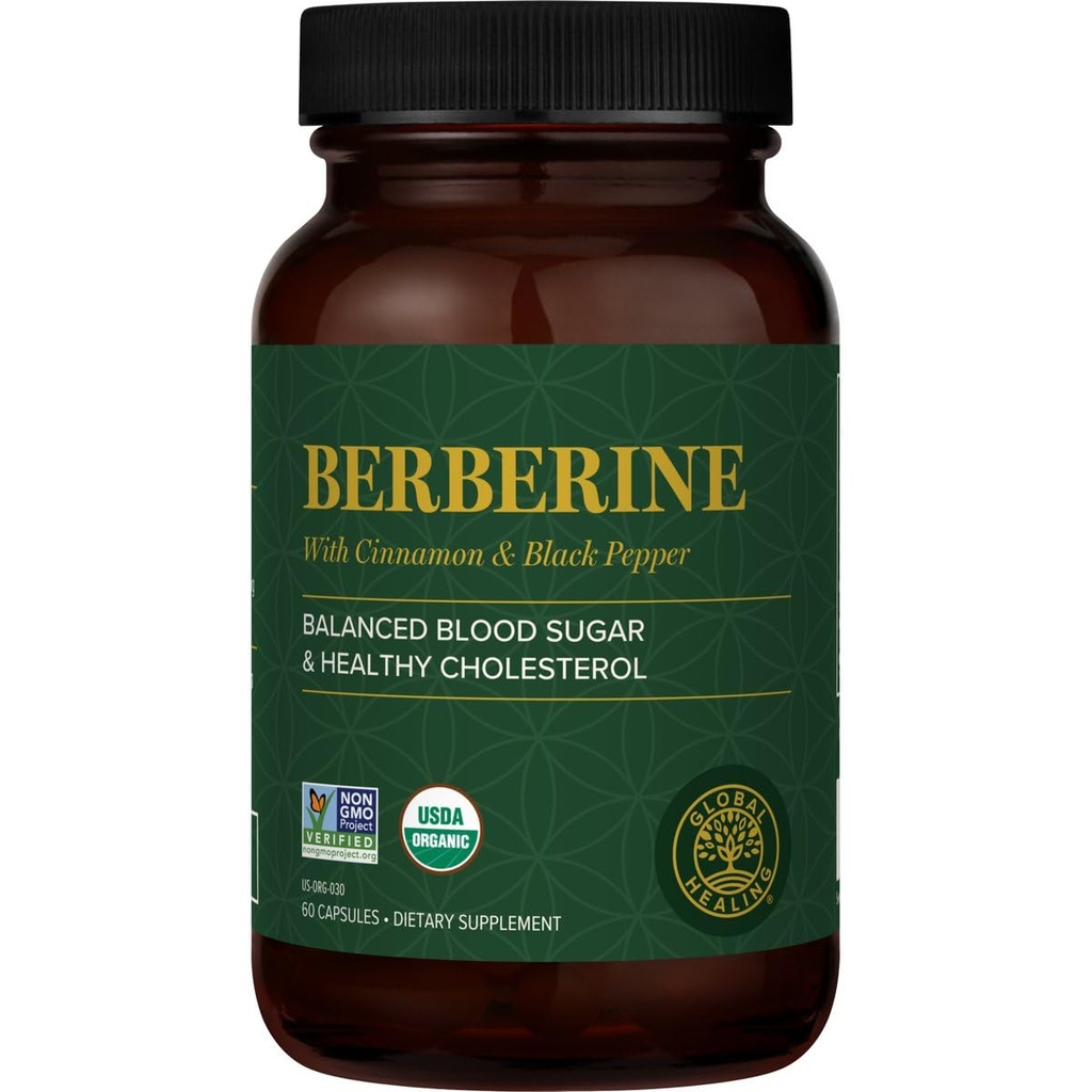 Global Healing Center - Organic Berberine (Berberina) con Ceylon Cinnamon &amp; Black Pepper, 1200 mg- Extra Strength Berberine Suplemento &amp; Complejo para la pérdida de peso (60 cápsulas)