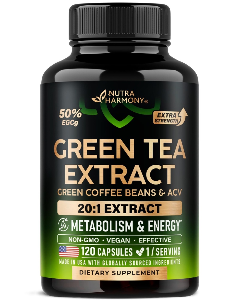 Green Tea Extract Capsules with Green Coffee Beans & Apple Cider Vinegar - Energy & Metabolism Support - Green Tea Supplement 50% EGCG - 20:1 Natural Extract - for Men &amp; Women - 120 Vegan Capsules