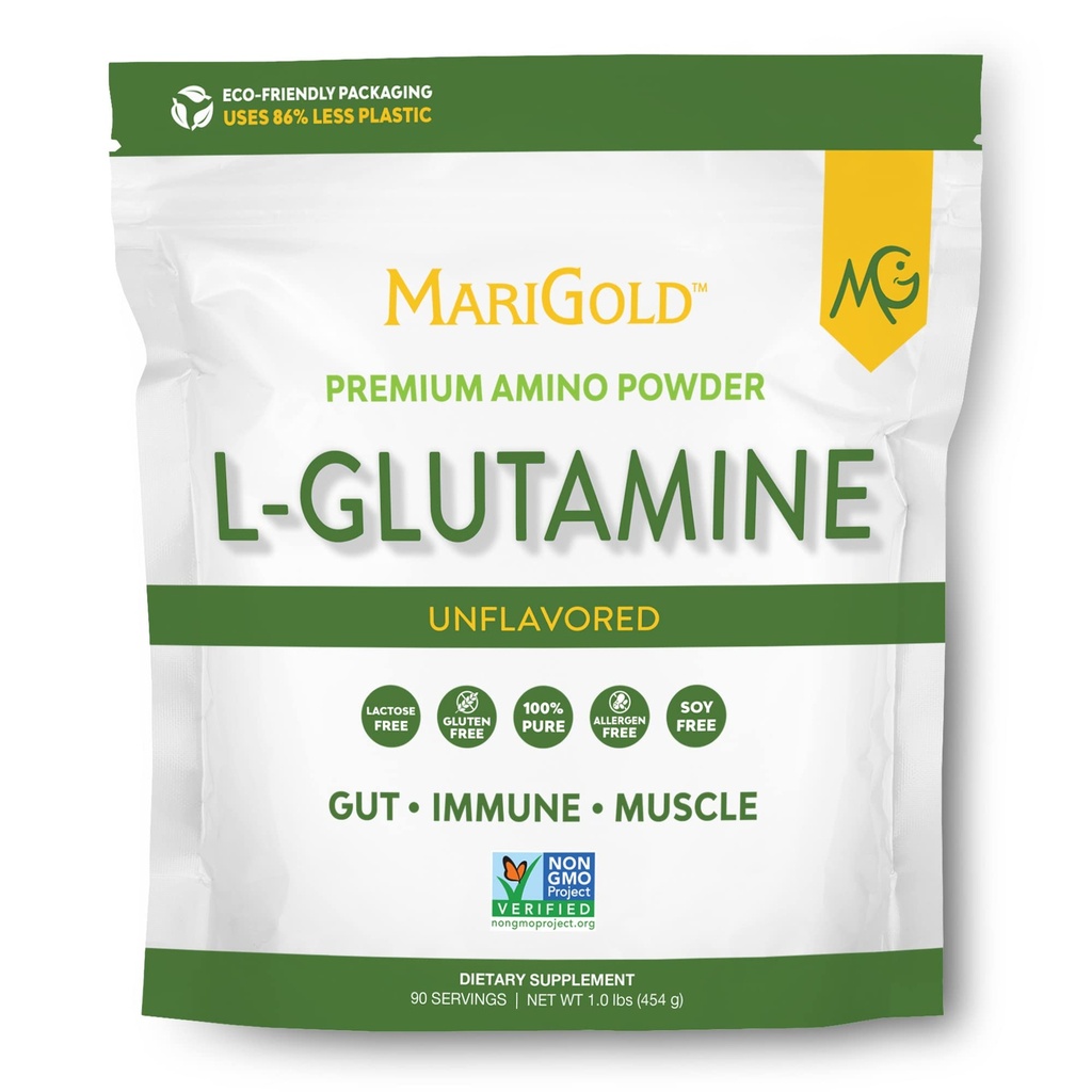 MariGold Pure Unflavored L-Glutamine Powder - Healthy Gut, Immune y Muscle Support, Non-GMO, Gluten Free, Soy & Allergen Free (5g / 5000mg por Serving)