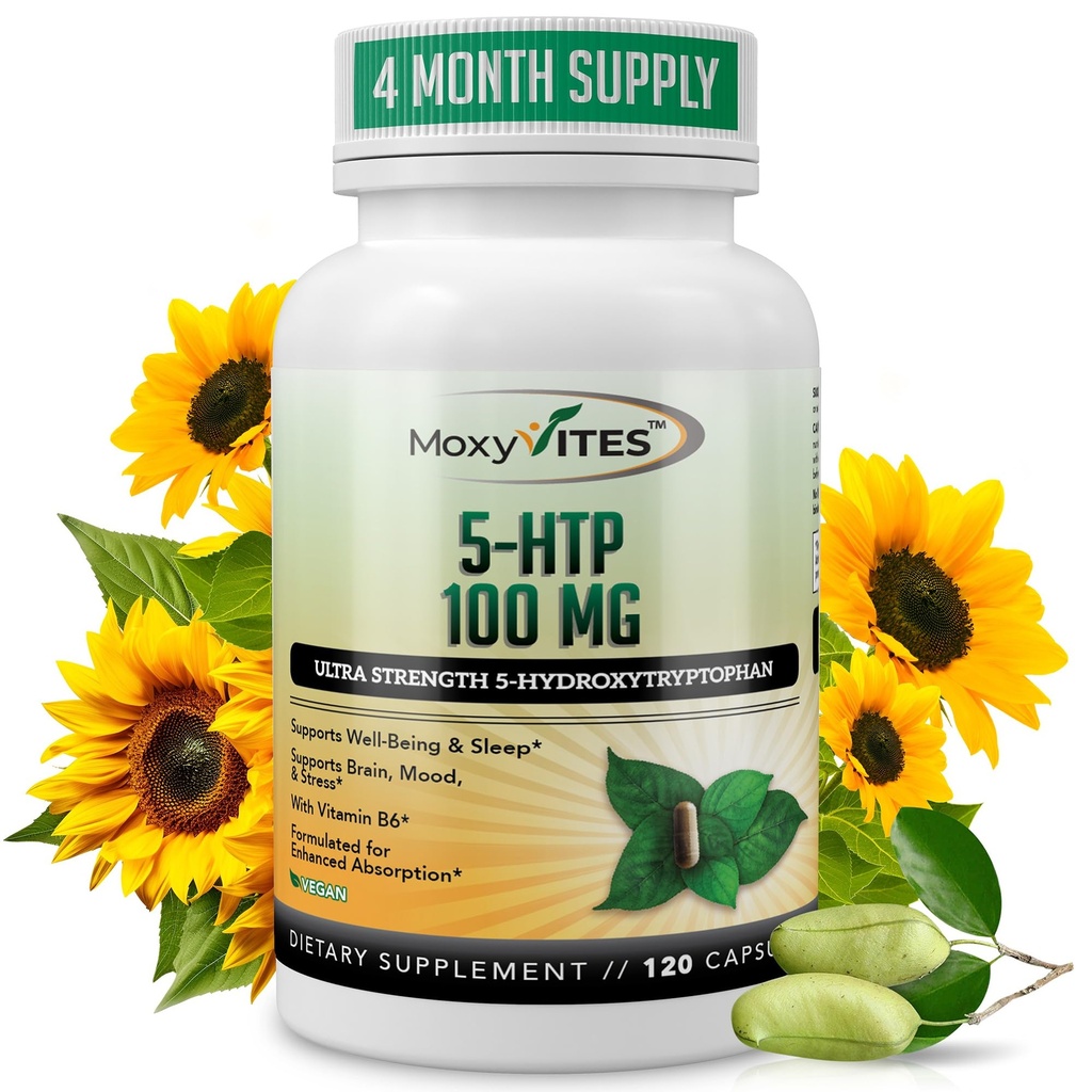 MoxyVites 5HTP 100mg Suplemento, Plus B6, 5 HTP de alimentos orgánicos enteros - Mejor Booster de serotonina - No GMO, 120 cápsulas veganos