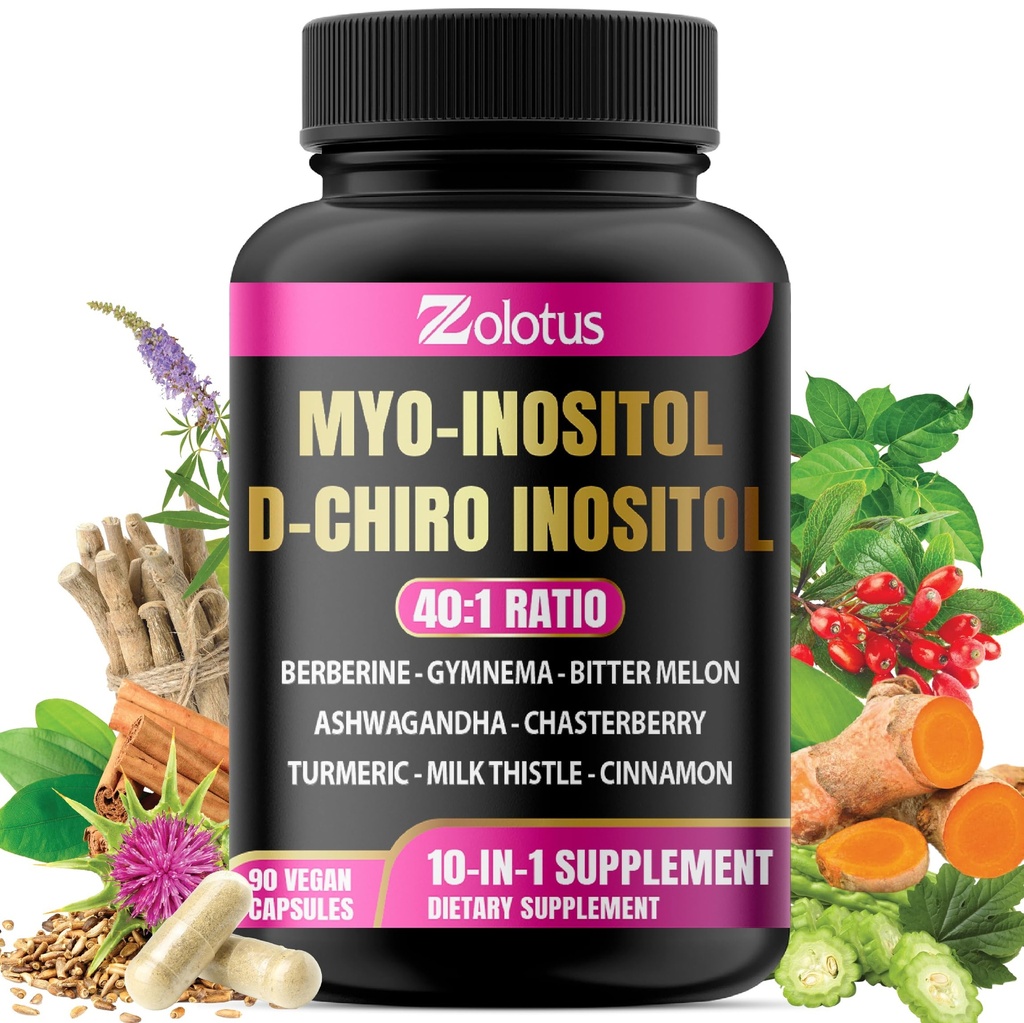 Zolotus Myo-Inositol " D-Chiro Inositol Ideal Ratio Inositol Suplemento con Bitter Melon, Milk Thistle, Turmeric, Gymnema, Chasteberry, Ceylon Cinnamon, Ashwagandha, Berberine - 90 cápsulas