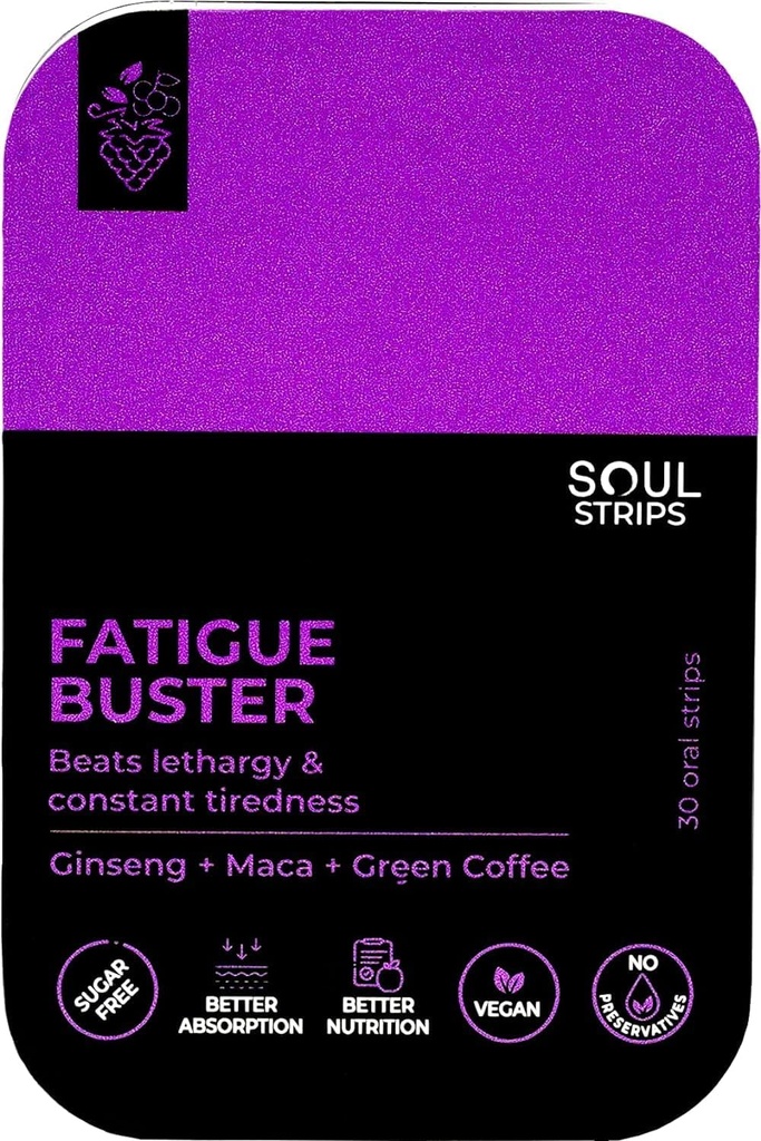 Fajas de Alma Fatiga Buster Ginseng, Maca, Café Verde, Reduce la fatiga mental y física, Berries mixtas Flavor, Absorb rápido, Uso diario, azúcar cero, Vegan, 30 Strips Pack
